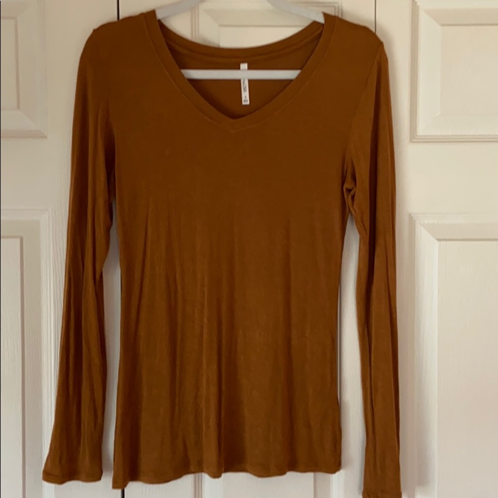Simple Chestnut V-Neck Long-Sleeve Tee